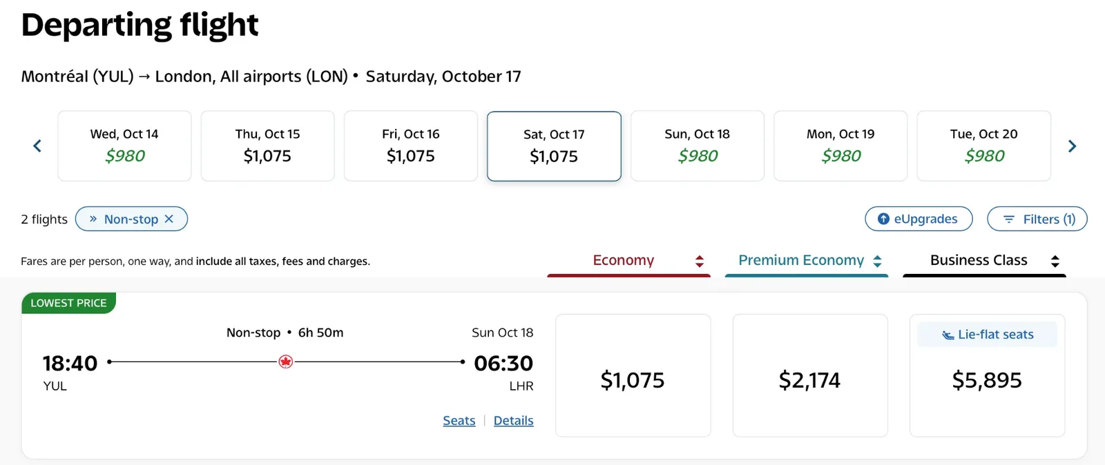 Air Canada fare page: Montreal to London, October 17, 2026. Economy $1,075, Premium Economy $2,174, Business Class $5,895