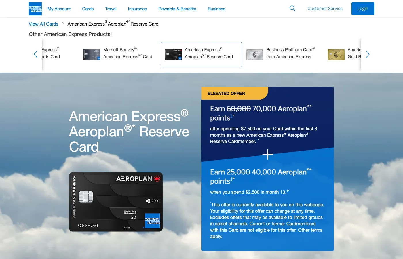 American Express Aeroplan Reserve Card elevated offer: earn 70,000 Aeroplan points after spending $7,500 in the first 3 months, plus 40,000 points when you spend $2,500 in month 13