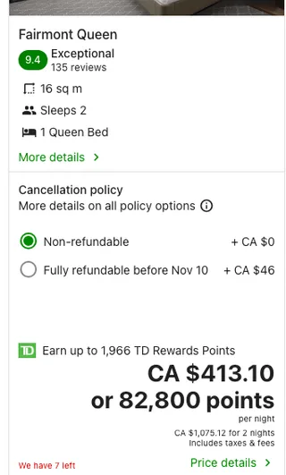 Expedia For TD, Fairmont Le Château Frontenac, November 13 to 15, 2026: Fairmont Queen CA $413.10 or 82,800 points per night, CA $1,075.12 for 2 nights including taxes and fees