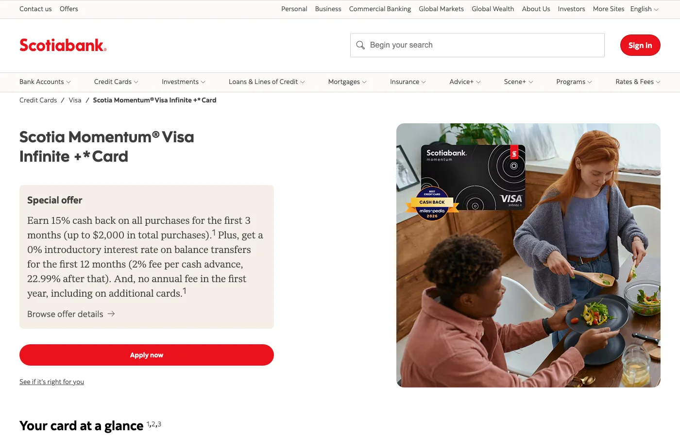 Scotia Momentum Visa Infinite+ special offer: 15% cash back on all purchases for the first 3 months, up to $2,000, no annual fee in the first year