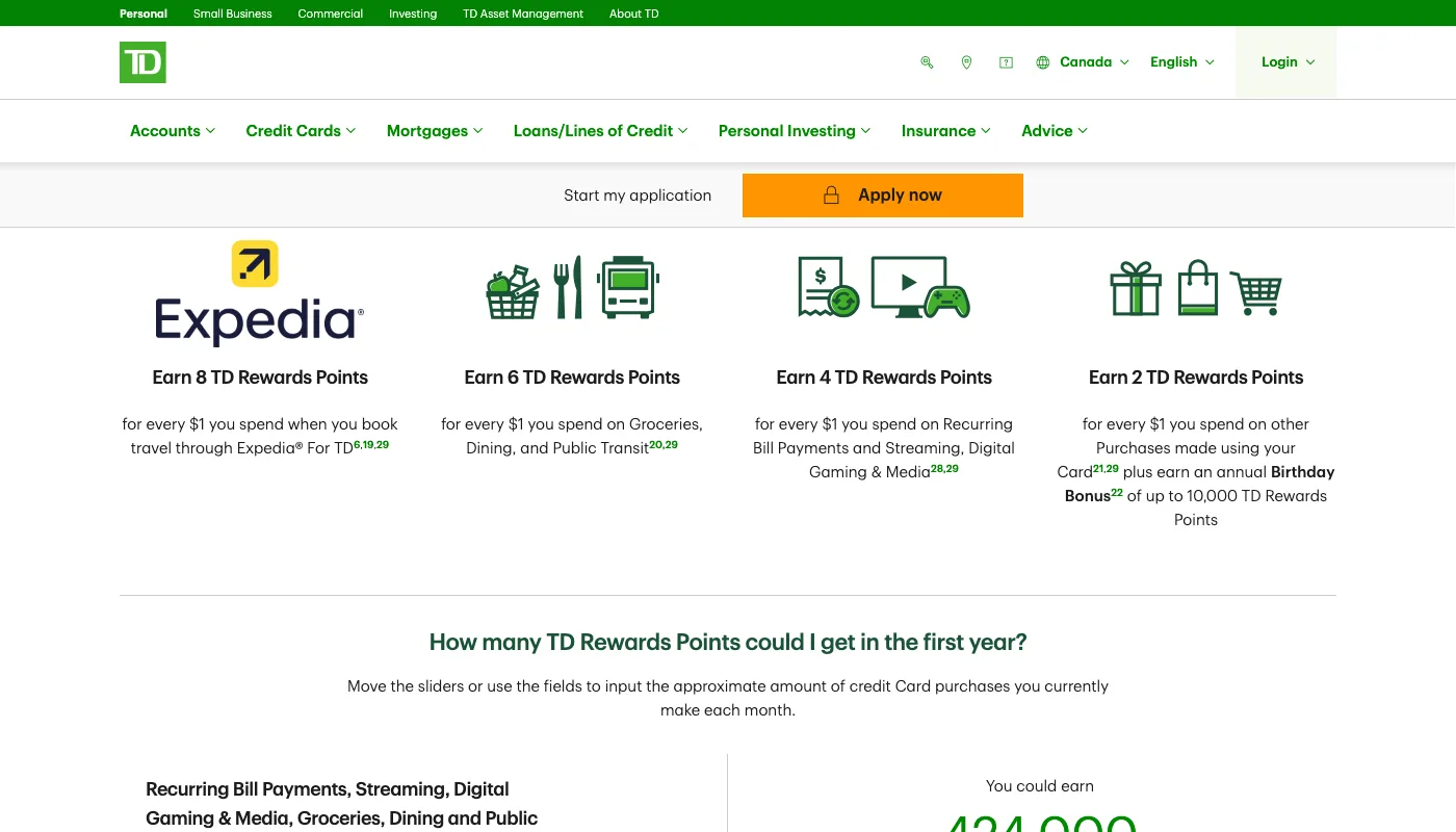 TD First Class Travel Visa Infinite earn rates: 8 points per $1 on Expedia For TD travel, 6 on groceries, dining and public transit, 4 on recurring bills and streaming, 2 on everything else